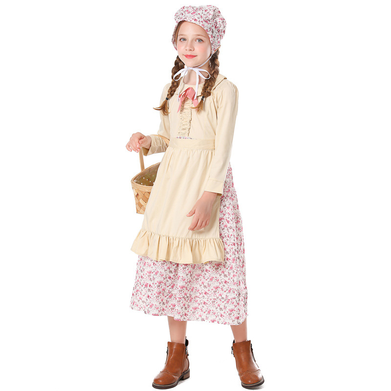 Kids Wolf Grandma Cosplay Costumes Floral Print Dress for Stage Drama Party